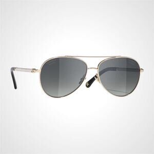 New CHANEL Sunglasses Gold Metal Grey Polarized Aviator Pilot Pearls Authentic